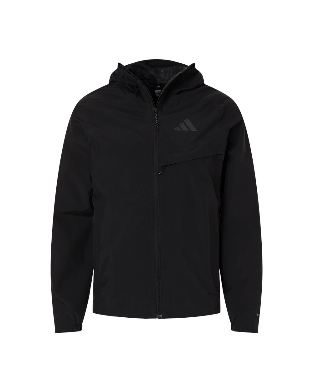 Black hooded zip-front jacket with a chest zip pocket and tonal Adidas logo on the left chest