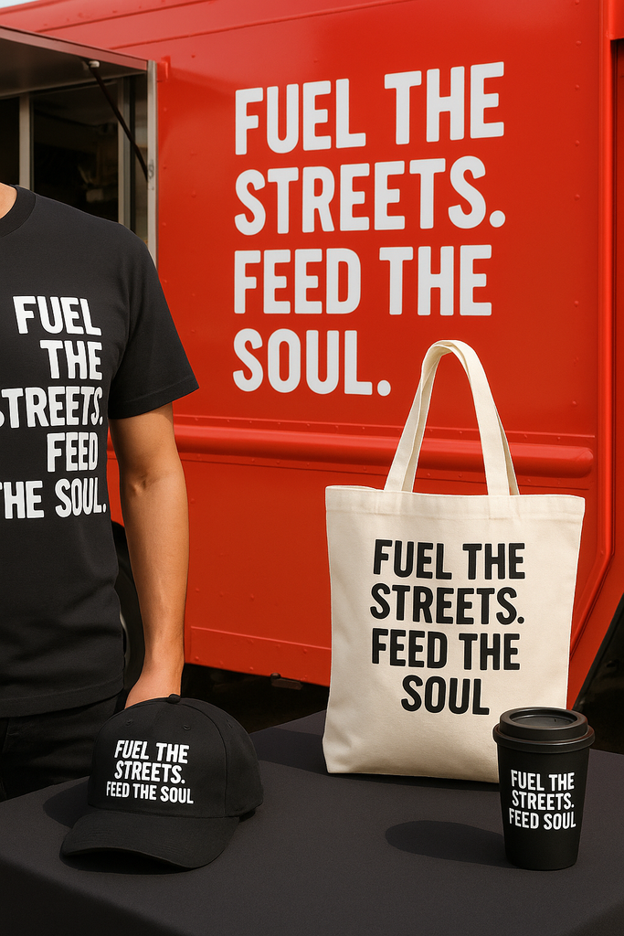 Food truck with branded merch including T-shirt, tote, and cup featuring the slogan "Fuel the Streets"