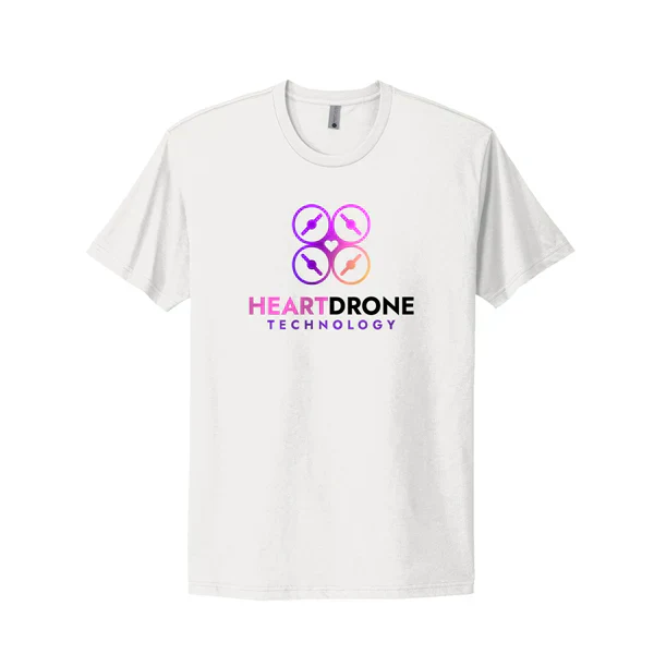 white t-shirt with heart drone technology logo