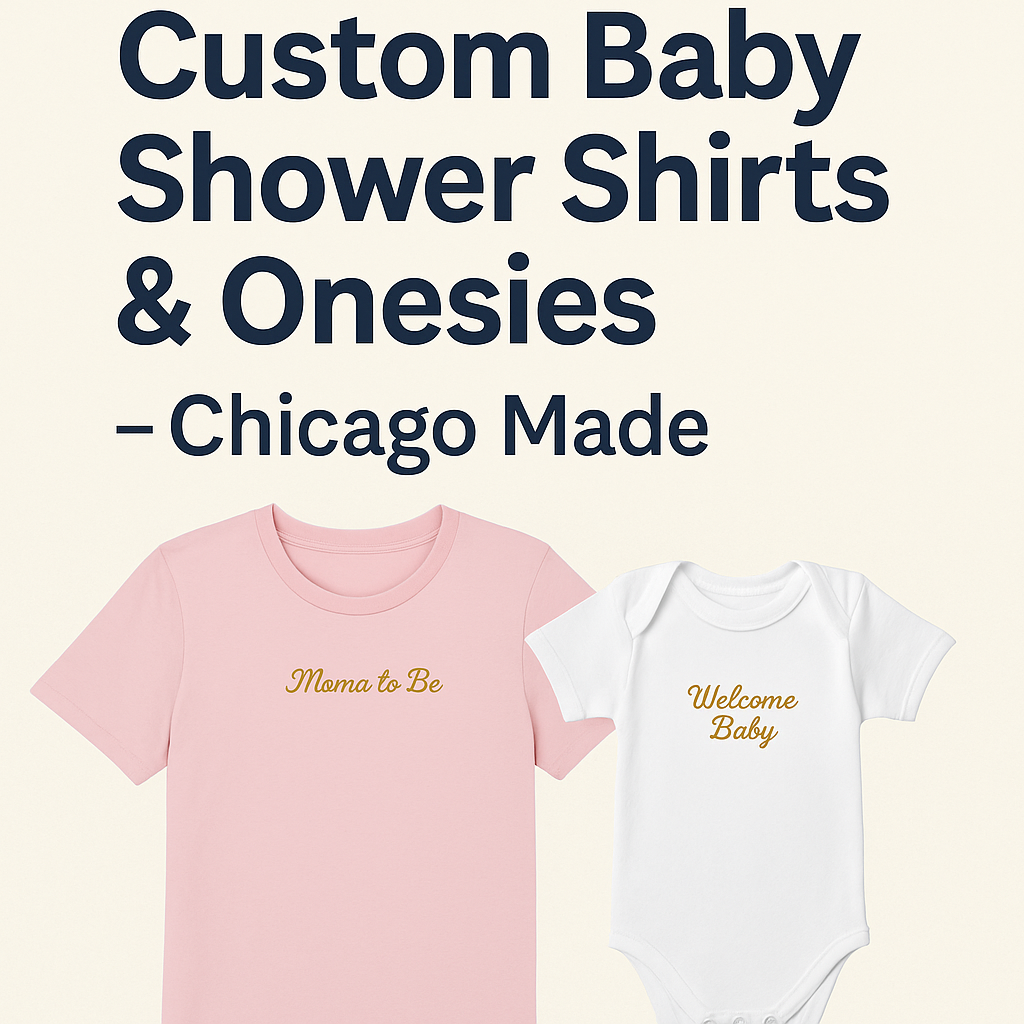 Promotional graphic for custom baby shower apparel, featuring matching shirts and onesies with names and dates printed, offered by Inkdnylon Custom Apparel in Chicago.