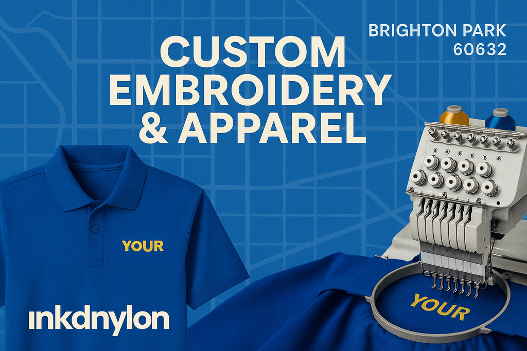 Photo-style design of a blue embroidered polo and embroidery machine over a Brighton Park 60632 map background promoting Inkdnylon apparel services