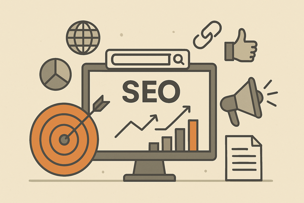 SEO-themed illustration showing charts, search icons, and ranking visuals in a clean, modern flat style.