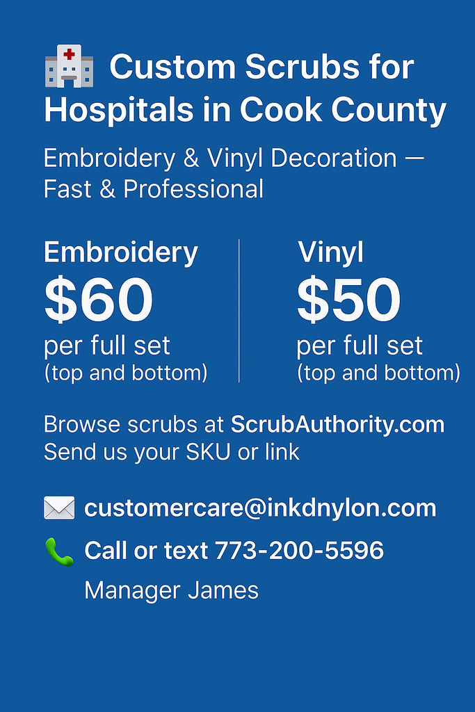 Vinyl printed medical uniforms for nurses and hospital staff – $50 full set