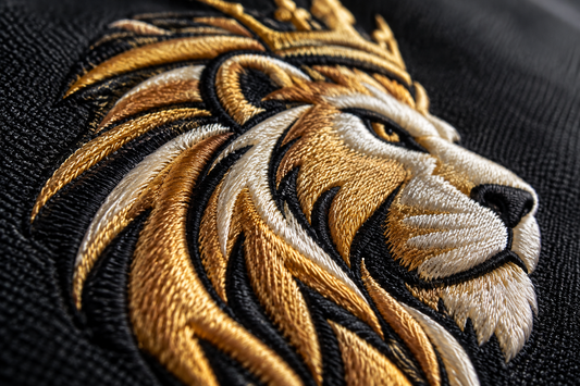 Close-up of premium embroidery showing detailed thread, stitch direction, texture and dimensional construction