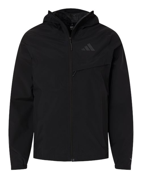 Black hooded zip-front jacket with tonal Adidas logo on left chest and cuff