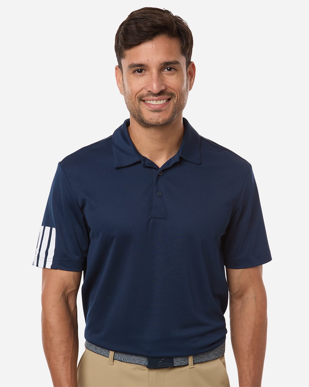 Man wearing a navy blue polo shirt with white stripes on a plain background