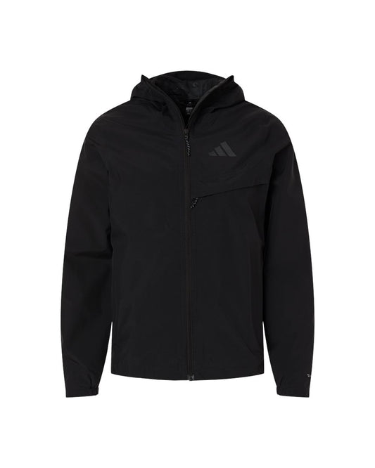 Black hooded zip-front jacket with a chest zip pocket and tonal Adidas logo on the left chest
