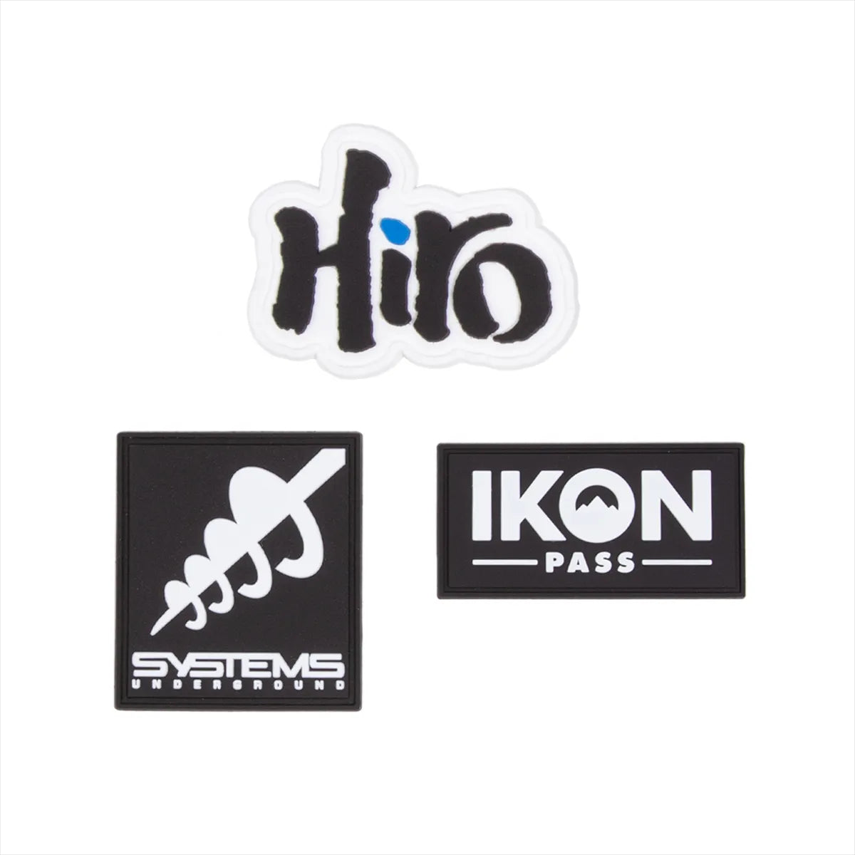 Three stickers with 'Hiro', 'Systems', and 'IKON PASS' logos on a white background