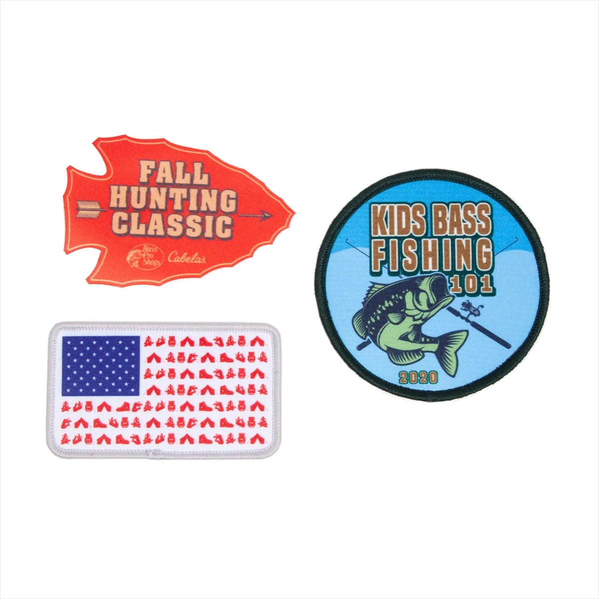 Four patches: 'Fall Hunting Classic', 'Kids Bass Fishing 101', American flag, and another design.