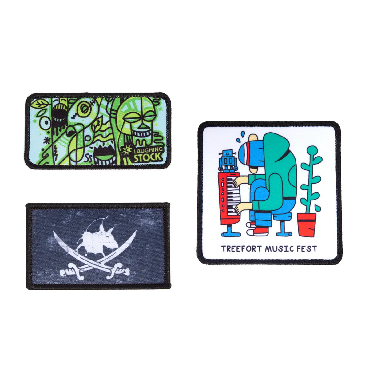 Three colorful patches with different designs on a white background