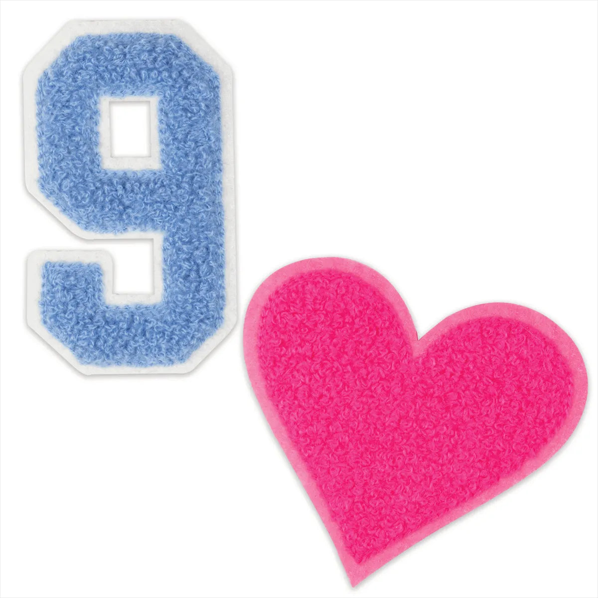 Blue number 9 and pink heart-shaped objects on a white background