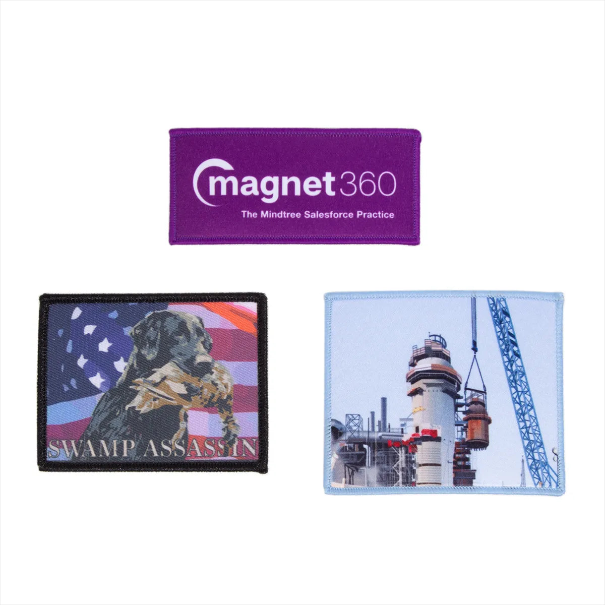 Three embroidered patches on a white background, featuring 'magnet360', a dog with an American flag, and a construction site.