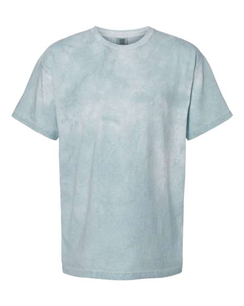 Light blue and white mottled crew neck short sleeve t-shirt on white background