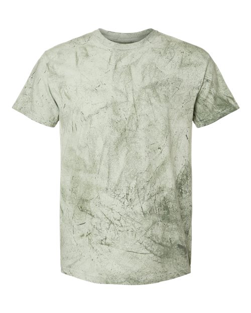 Short-sleeve crew-neck t-shirt in light green with a darker green marbled distressed print.
