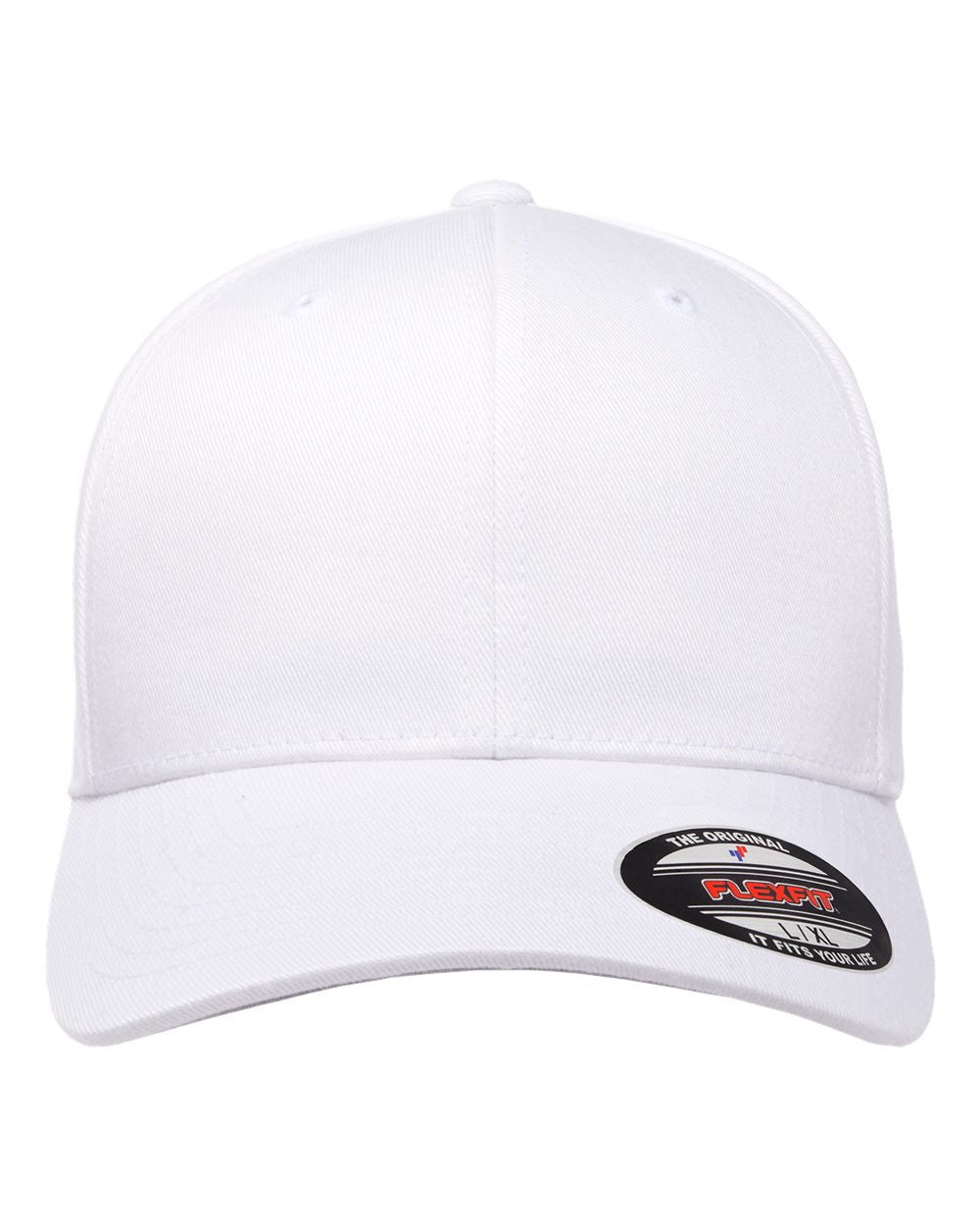 White baseball cap with Flexfit label on a white background
