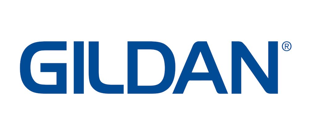 Gildan logo in blue on a white background