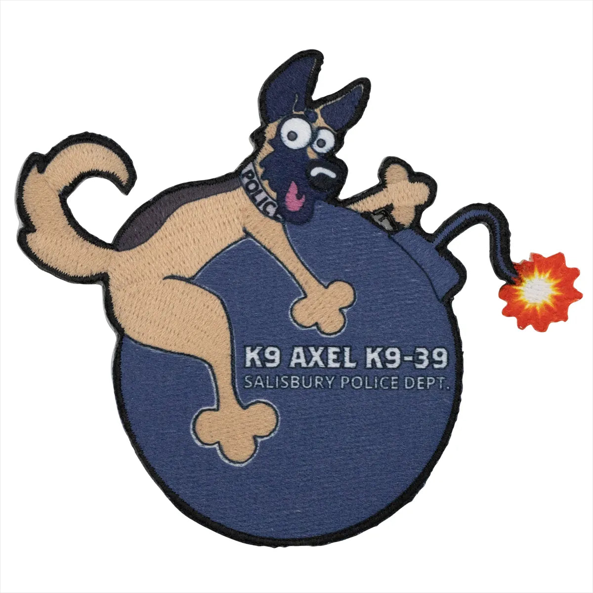 Embroidered patch of a dog with a bomb, labeled 'K9 Axel K9-39 Salisbury Police Dept.'