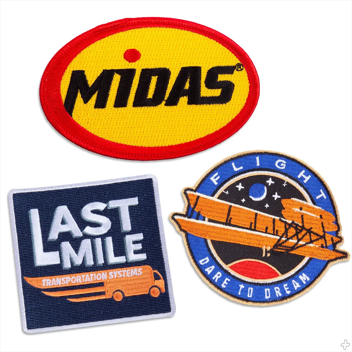 Three patches featuring the Midas logo, 'Last Mile' transportation system, and a space-themed design on a white background.