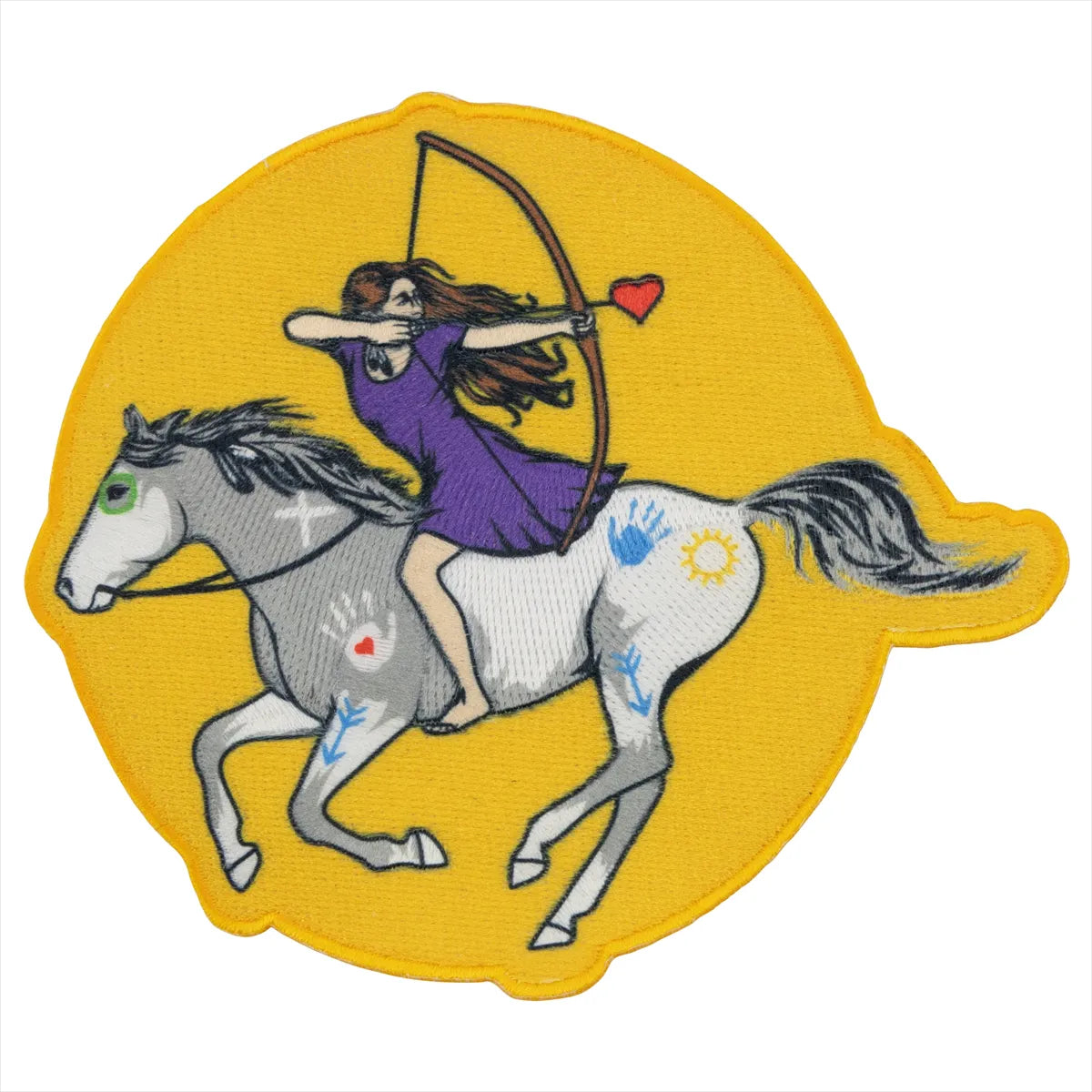 Embroidered patch of a woman on horseback with a bow and arrow on a yellow background