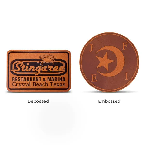Two leather patches, one debossed and one embossed, on a white background.