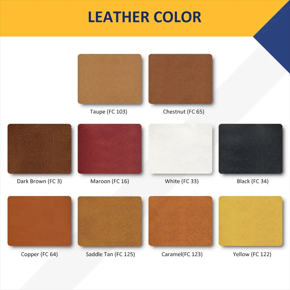 Color swatches of leather textures with labels and codes on a white background