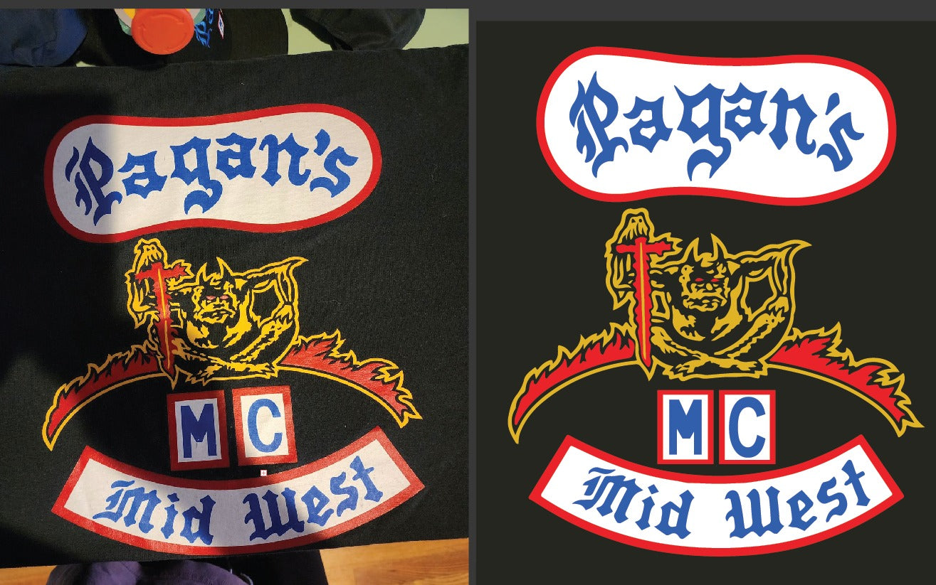 Two views of a black shirt with 'Pagan's MC Mid West' logo.