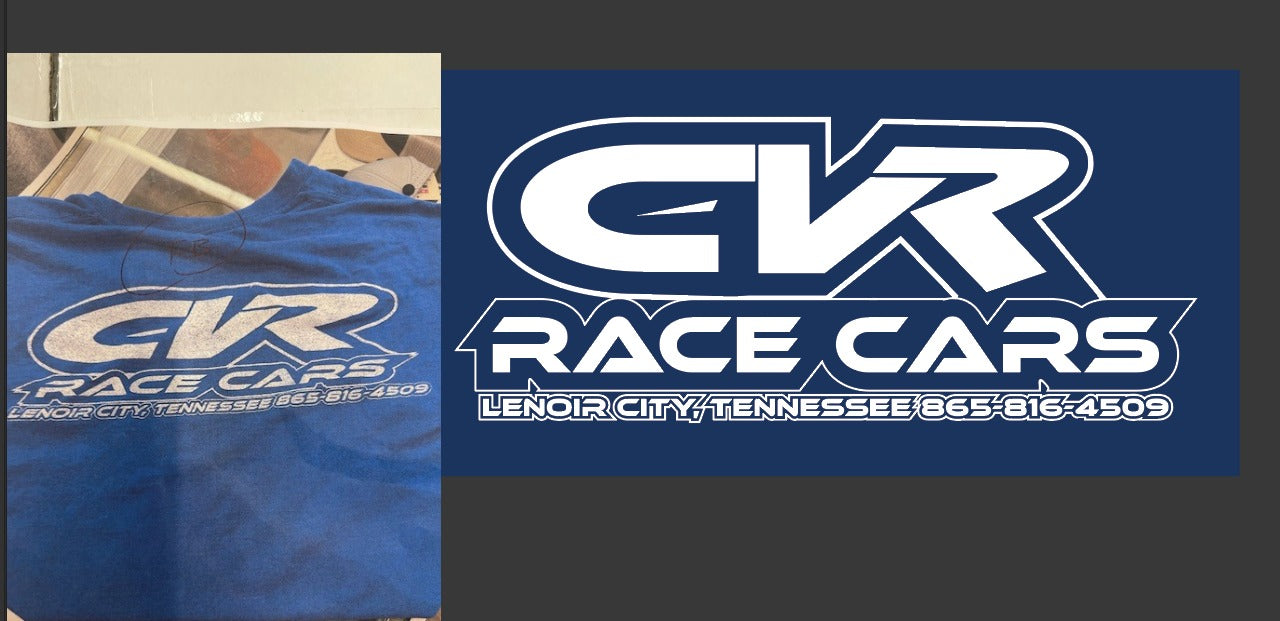 Blue t-shirt with 'CRK Race Cars' logo and contact information on a blue background