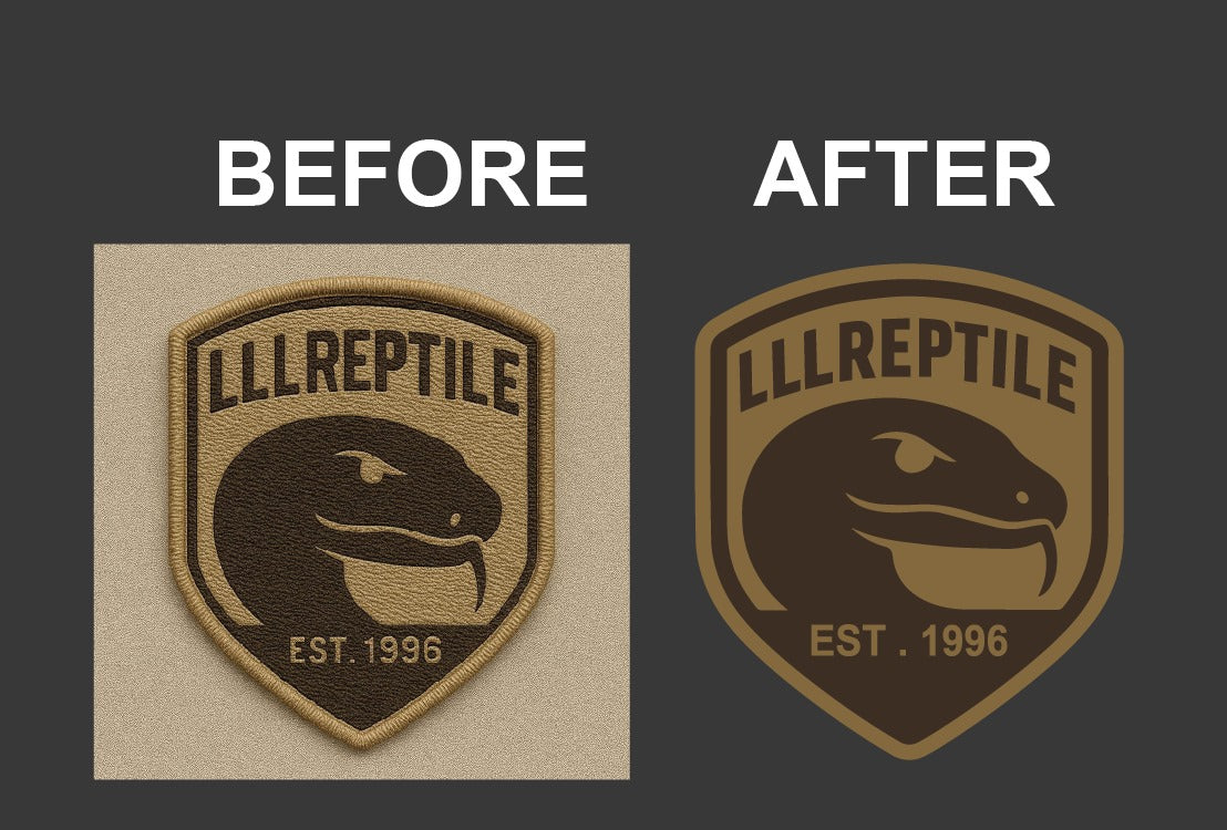 Comparison of 'LLLReptile' logo design on a textured beige background labeled 'Before' and a plain dark background labeled 'After'.