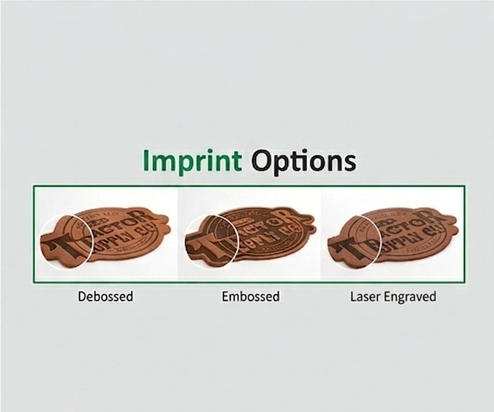 Comparison of debossed, embossed, and laser engraved text on a brown background with 'Imprint Options' text.
