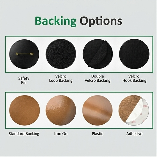 Illustration of various backing options with labels on a gray background