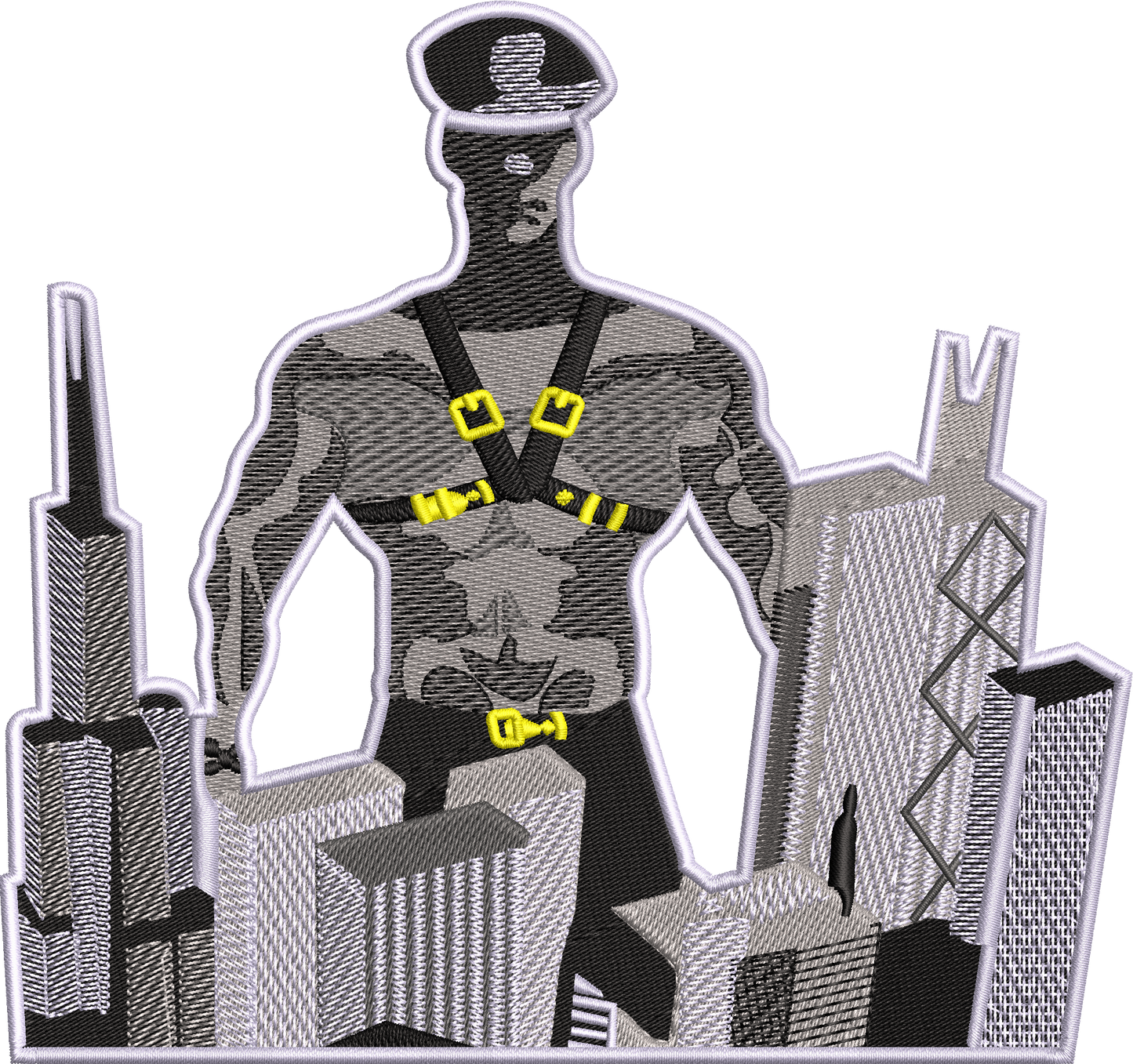 embroidered man standing over buildings