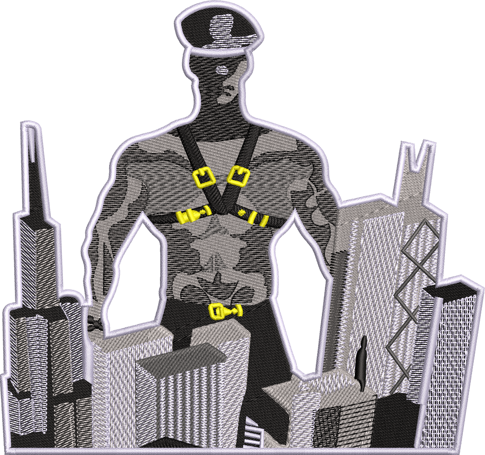 embroidered man standing over buildings