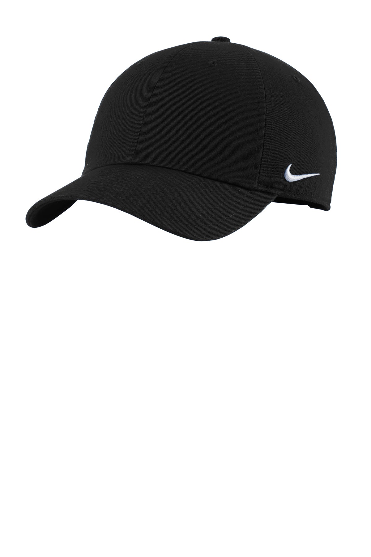Black cap with a white logo on a white background