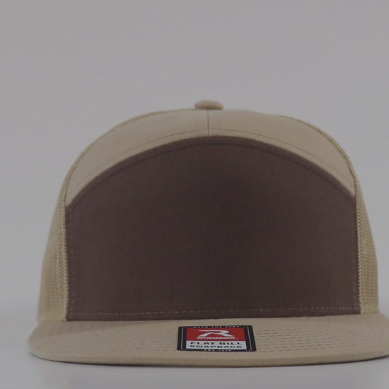 Richardson 168 flat bill trucker cap with custom embroidered logo for teams, brands, crews, events, and bulk orders.