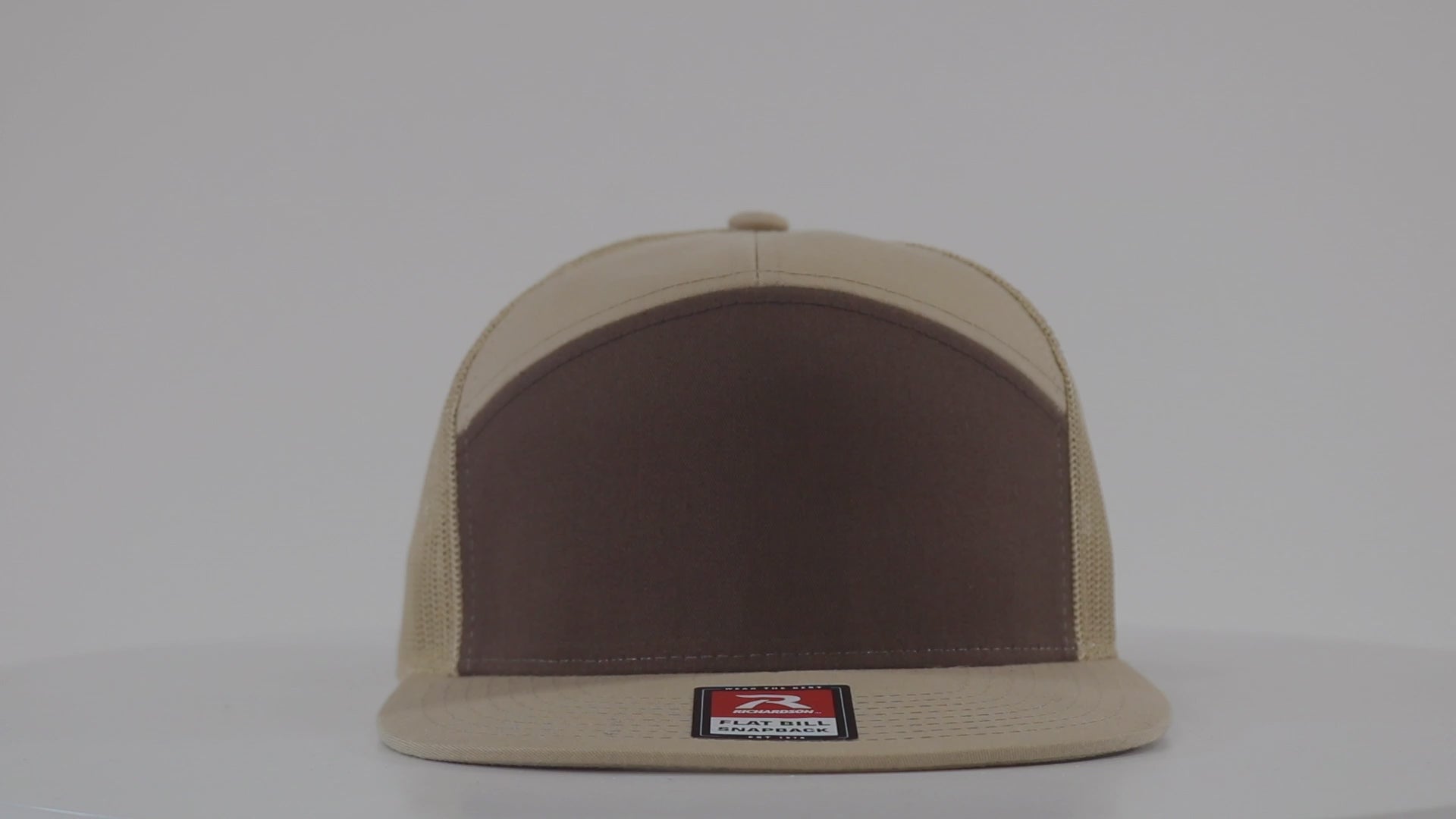 Richardson 168 flat bill trucker cap with custom embroidered logo for teams, brands, crews, events, and bulk orders.