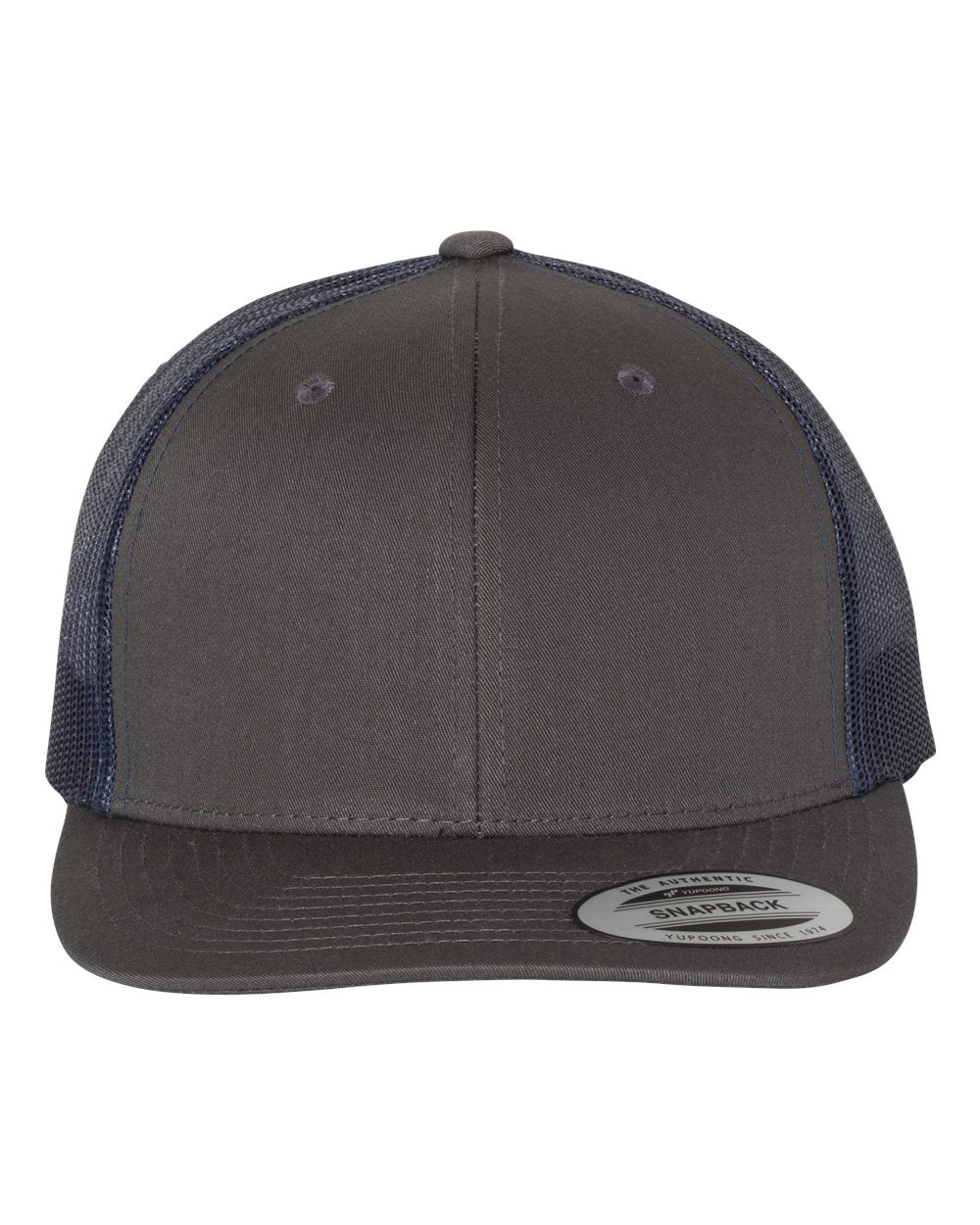 Gray and navy trucker cap on a white background