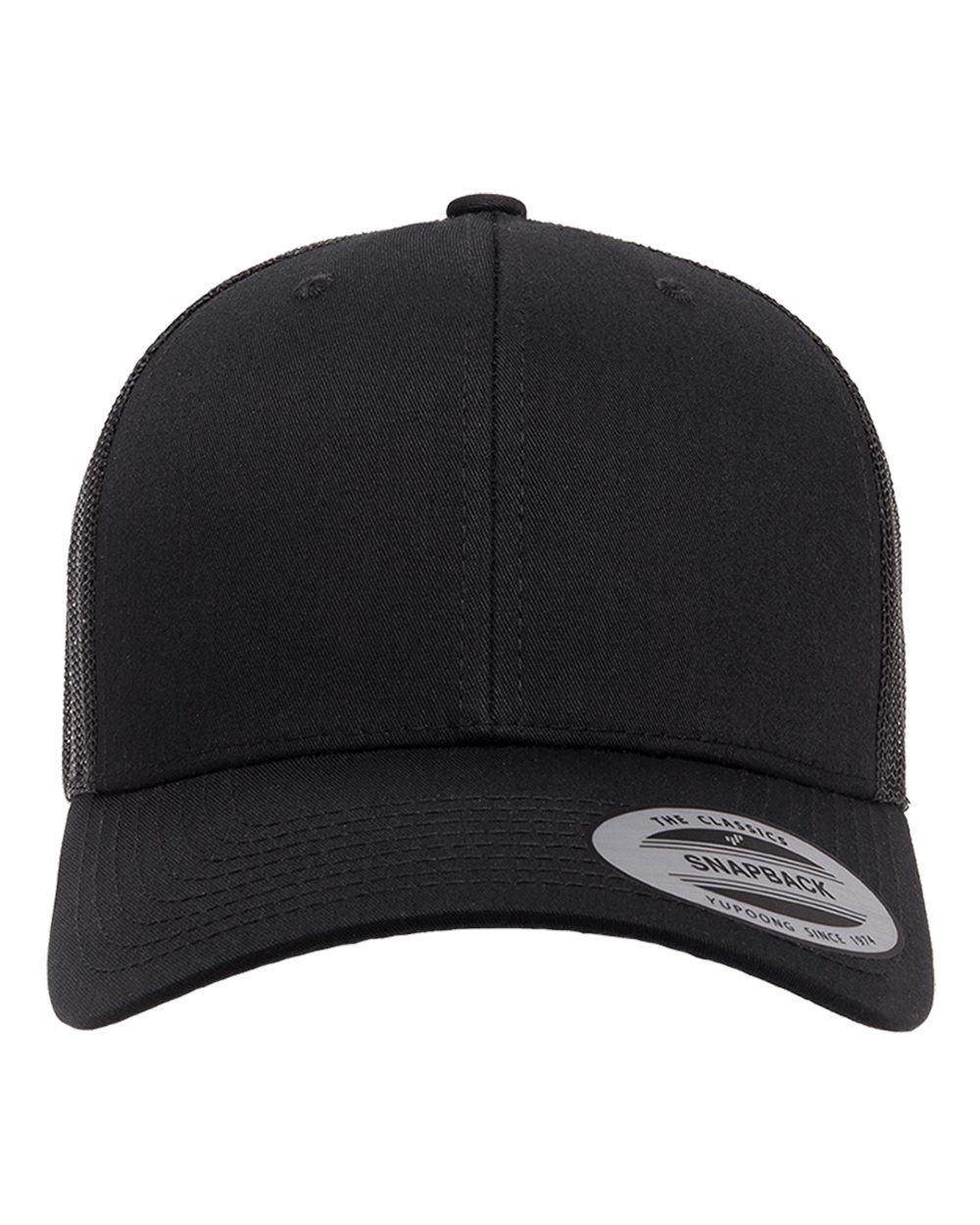 Black cap with a visible brand label on a white background